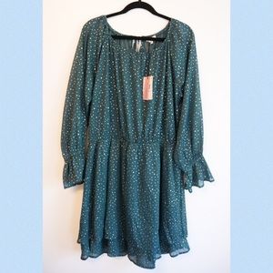 Andree by Unit Green Star Print Balloon Sleeve Tie Back Mini Dress 2X